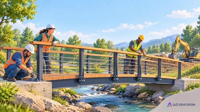 Un pont neuf domine une scène claire de chantier, sans inscriptions.