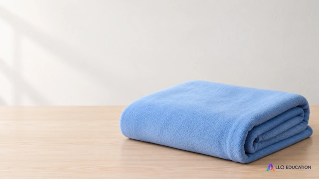 Une couverture bleue unie soigneusement pliée sur une table claire.