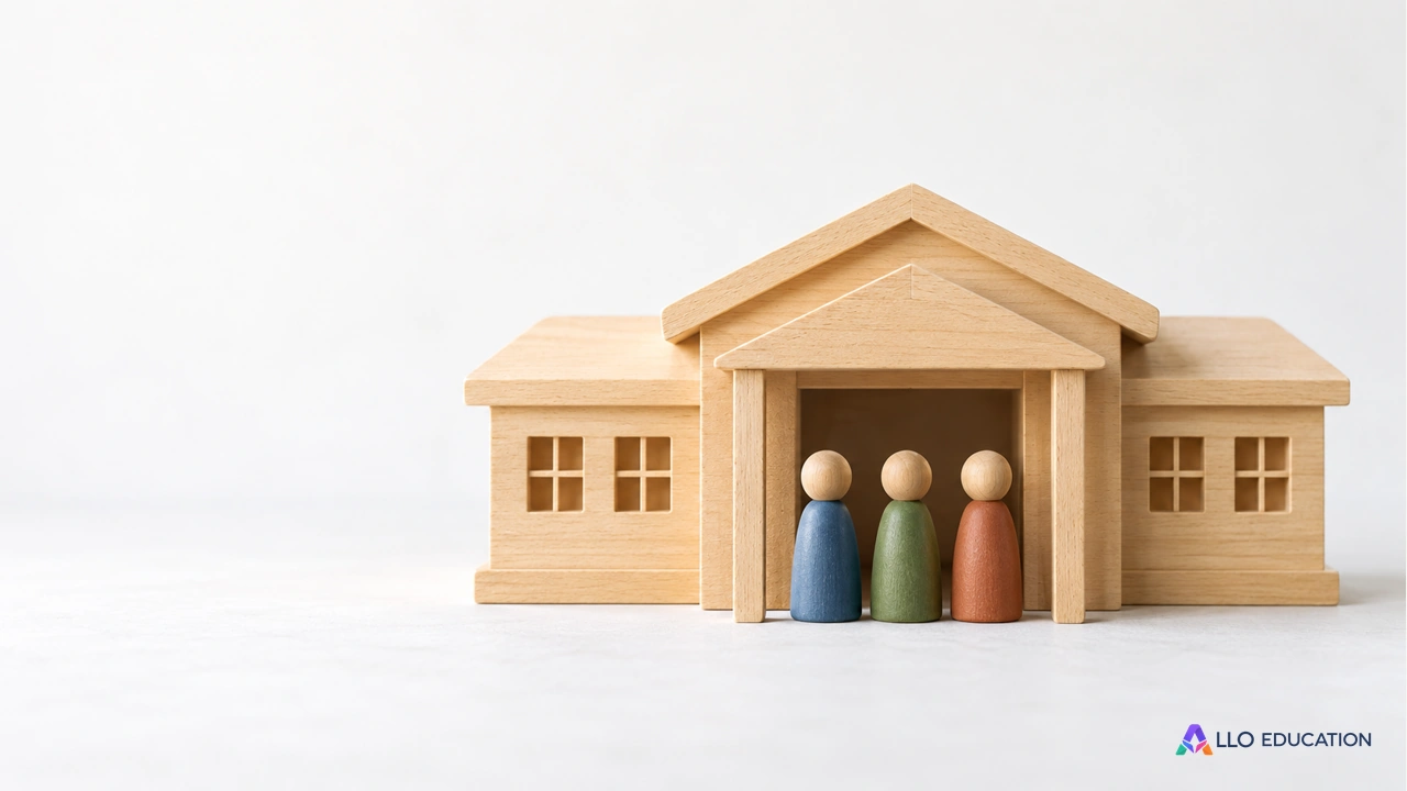 Trois figurines réunies sous le toit d’un petit bâtiment scolaire en bois.