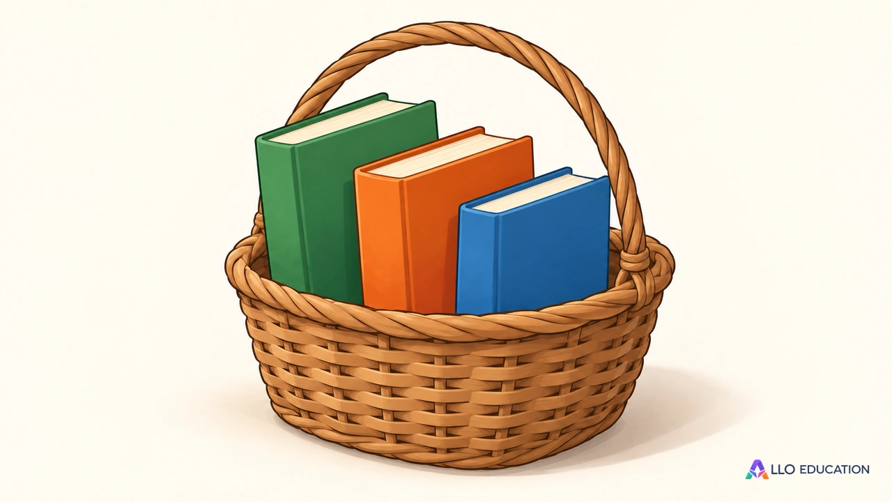Un panier entier avec trois livres fermés sans inscriptions.