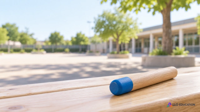 Un petit bâton de parole bleu uni sur un banc clair.