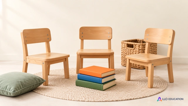 Trois sièges, des livres fermés et un panier pour un coin lecture partagé.