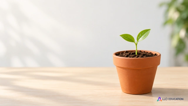 Un pot de terre cuite contenant une jeune pousse simple.