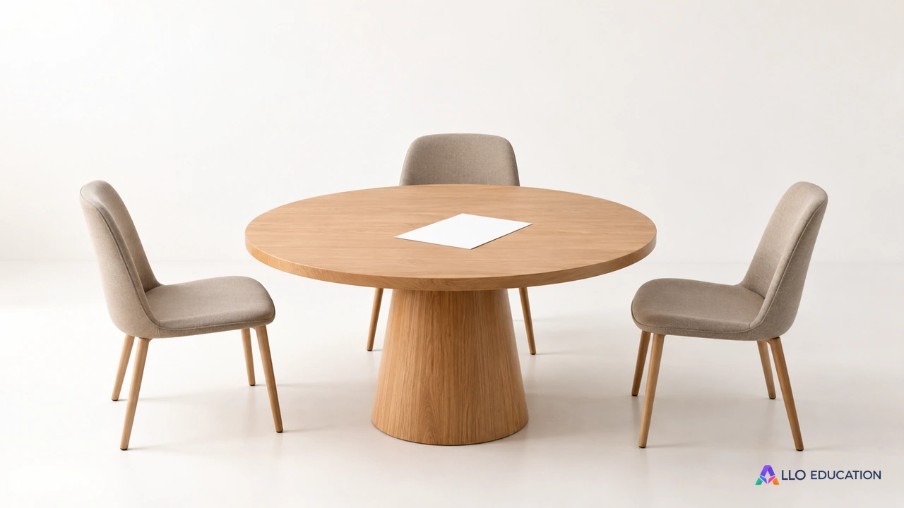 Une table ronde de discussion avec trois chaises vides et une feuille blanche, vue isolée sur fond clair.