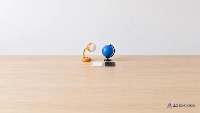 Petite lampe orange, sphère bleue et deux plaques mates claire et sombre évoquent les questions d’un bilan radiatif.