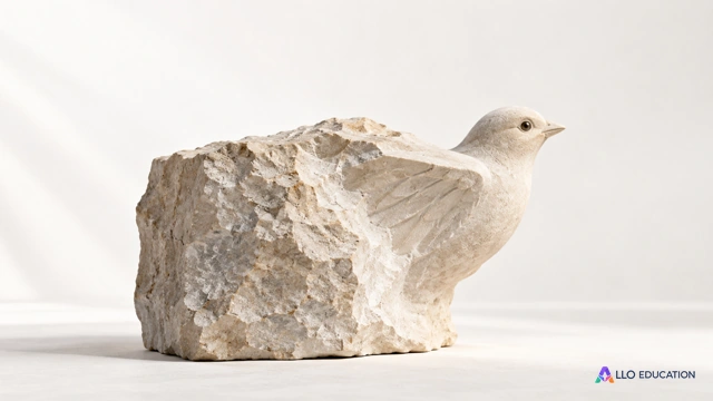 Un petit oiseau de pierre claire semble se dégager d’un bloc encore brut, sujet sculptural original sur fond clair.