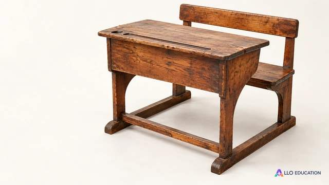 Un grand pupitre scolaire ancien en bois, sans inscription, sur fond clair.