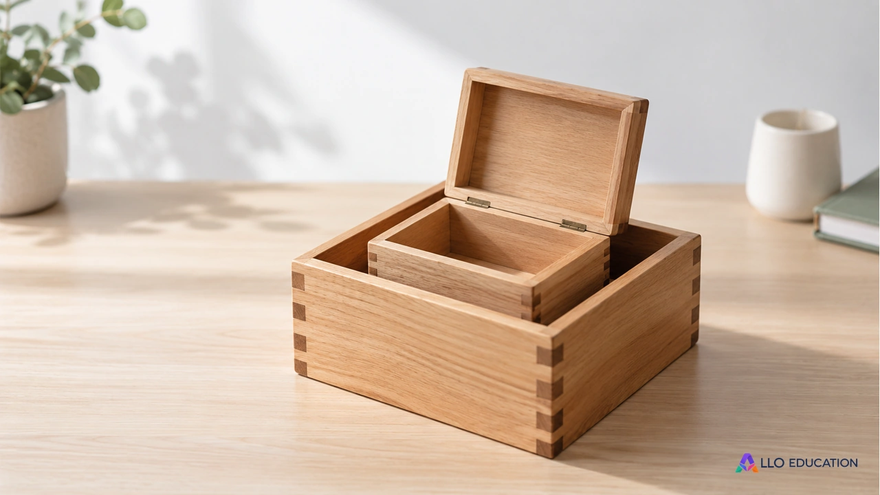 Petite boîte en bois ouverte à l’intérieur d’une boîte plus grande.