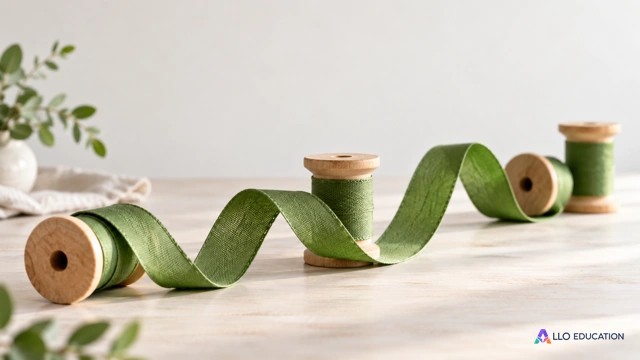 Ruban vert reliant des bobines de bois sur une table claire.