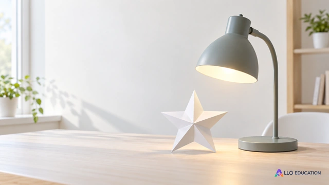 Une lampe allumée à côté d’une étoile en papier blanc.