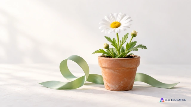 Une fleur dans un petit pot de jardin, près d’un ruban souple formant une boucle, sur un fond clair.