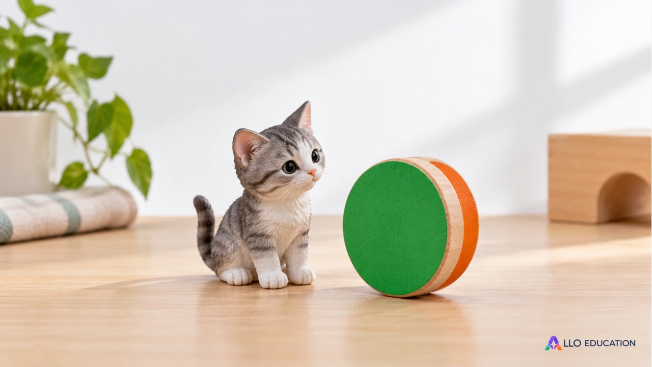 Jeton de bois vert et orange près d’une figurine de chat, sur fond clair.