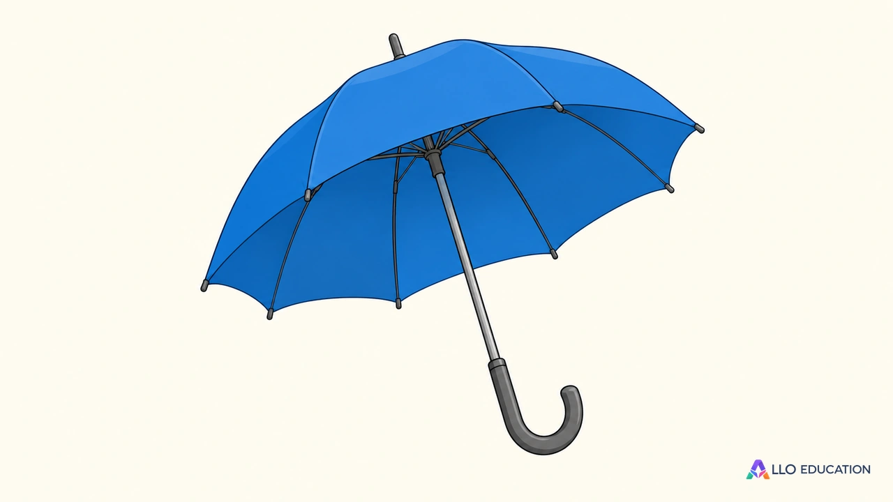 Un parapluie bleu ouvert est dessiné en entier sur un fond clair.