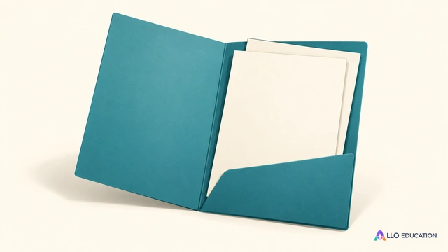 Une chemise bleu-vert ouverte contient deux feuillets vierges.