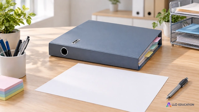 Un classeur fermé avec intercalaires sans étiquettes et une feuille vierge sur un bureau évoquent le classement des informations comptables.
