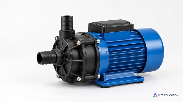 Petite pompe électrique bleue à tête noire et deux raccords, isolée sur fond clair.