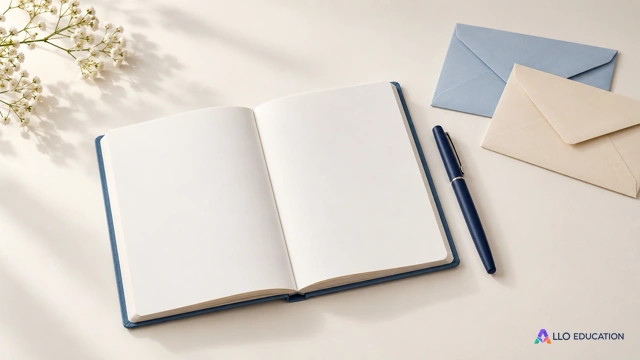 Un carnet ouvert aux pages blanches avec un stylo uni, près de deux enveloppes unies.