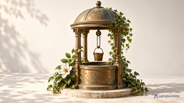 Un puits circulaire en bronze sous une petite coupole, entouré de feuilles et d’une fleur, création originale.