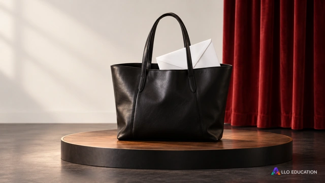 Un grand sac noir en cuir à poignées, ouvert sur une enveloppe blanche unie, sur une petite estrade de théâtre.