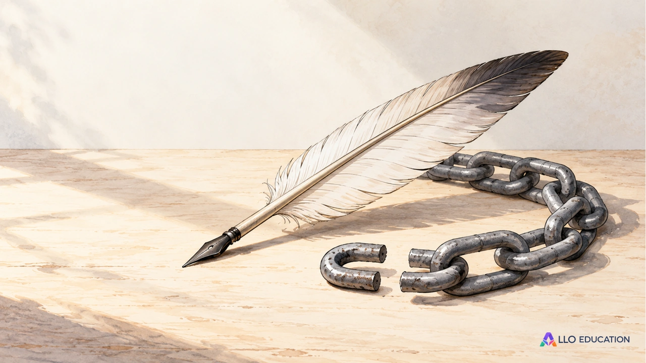 Une plume d’écriture près d’une chaîne de fer ouverte, composition symbolique originale.