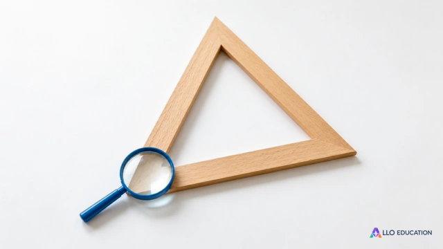 Un cadre triangulaire en bois et une loupe bleue sur fond clair.