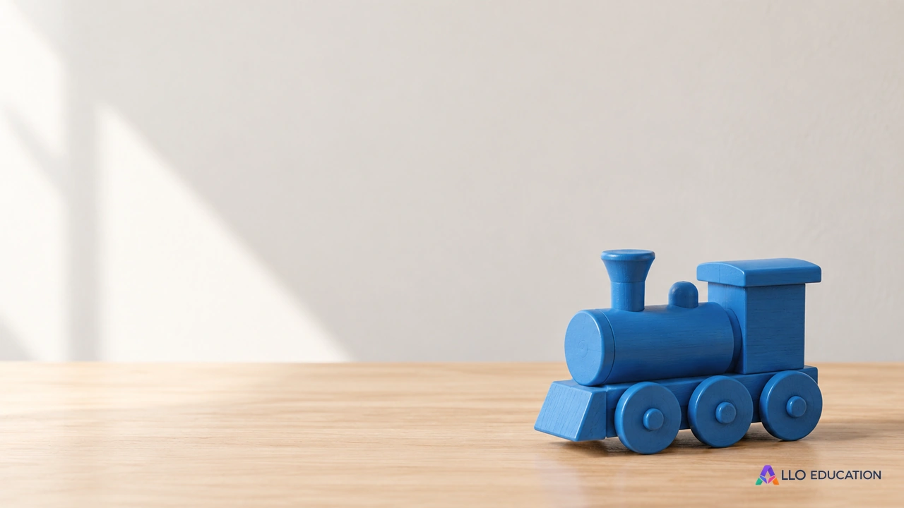 Un petit train en bois bleu uni posé sur une table claire.