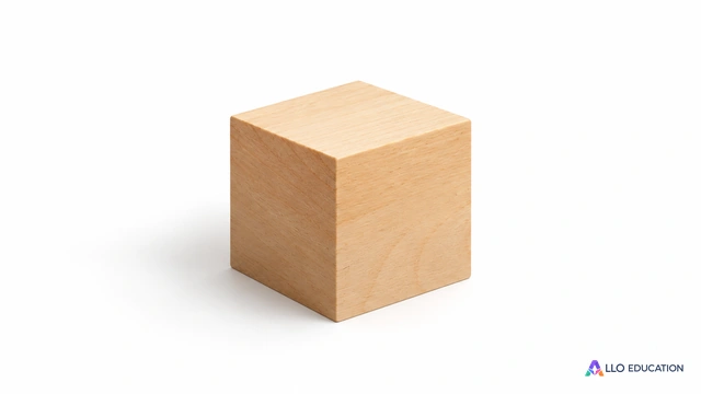 Un cube de bois clair isolé sur fond blanc, trois faces visibles.