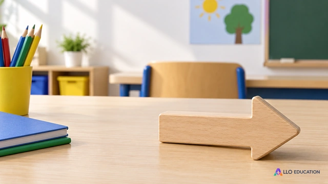 Une grande flèche découpée en bois clair posée sur une table de classe.