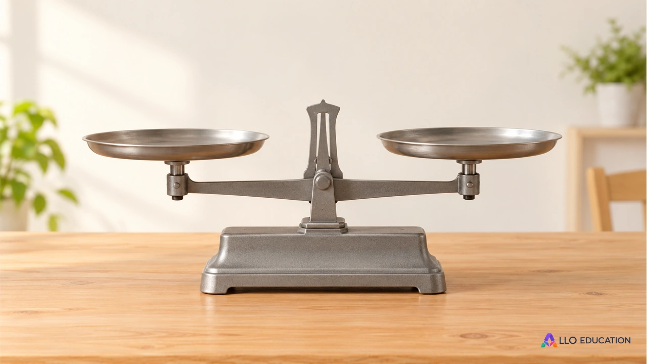 Une balance à deux plateaux vides sur une table claire.