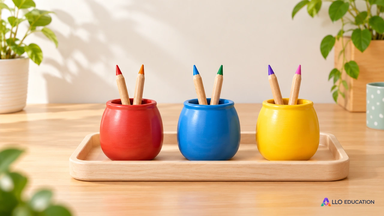 Des pots colorés et des crayons rangés sur un plateau.
