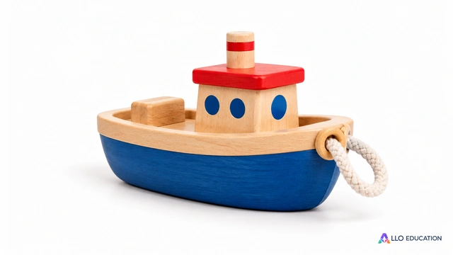 Petit bateau jouet de bois avec un anneau d’amarrage, sur fond clair.