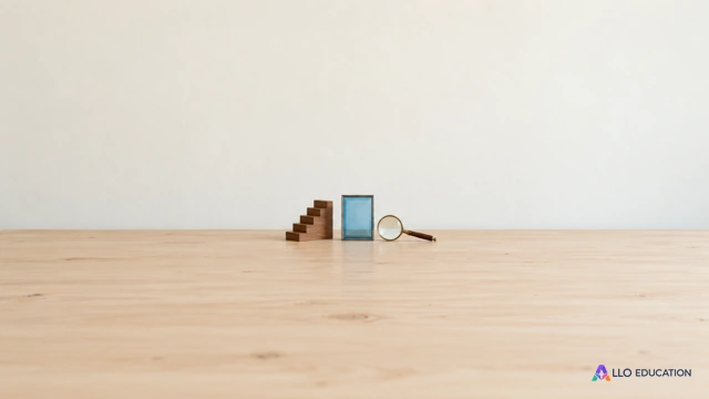 Un petit escalier de bois, un cadre bleu et une loupe évoquent les étapes et la vérification d’une limite.