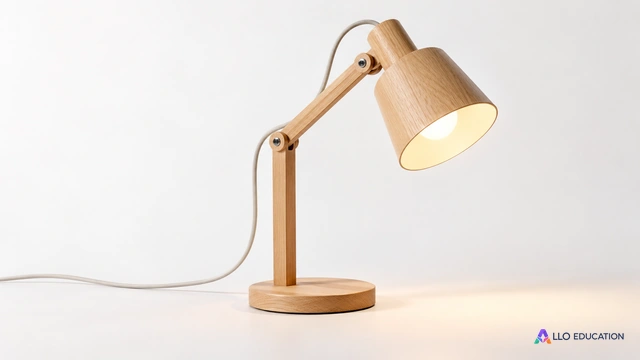 Une lampe de bureau en bois clair, son abat-jour et son câble sur fond clair.
