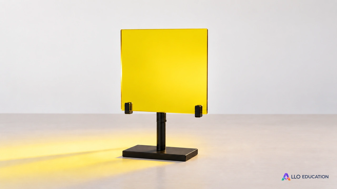 Une plaque de filtre jaune translucide sur un support simple entier, isolée sur fond clair.