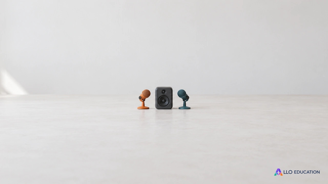 Une petite enceinte et deux microphones évoquent la comparaison de signaux sonores.