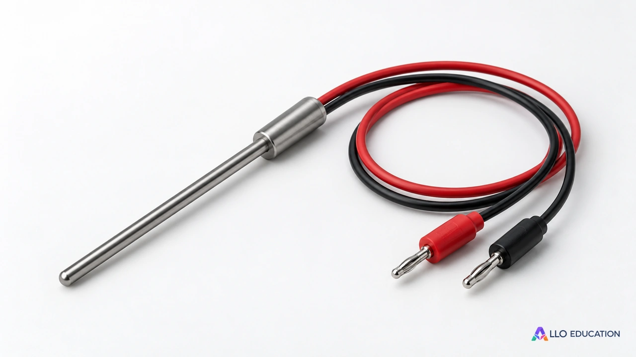 Une sonde métallique et deux cordons souples isolés sur fond clair.