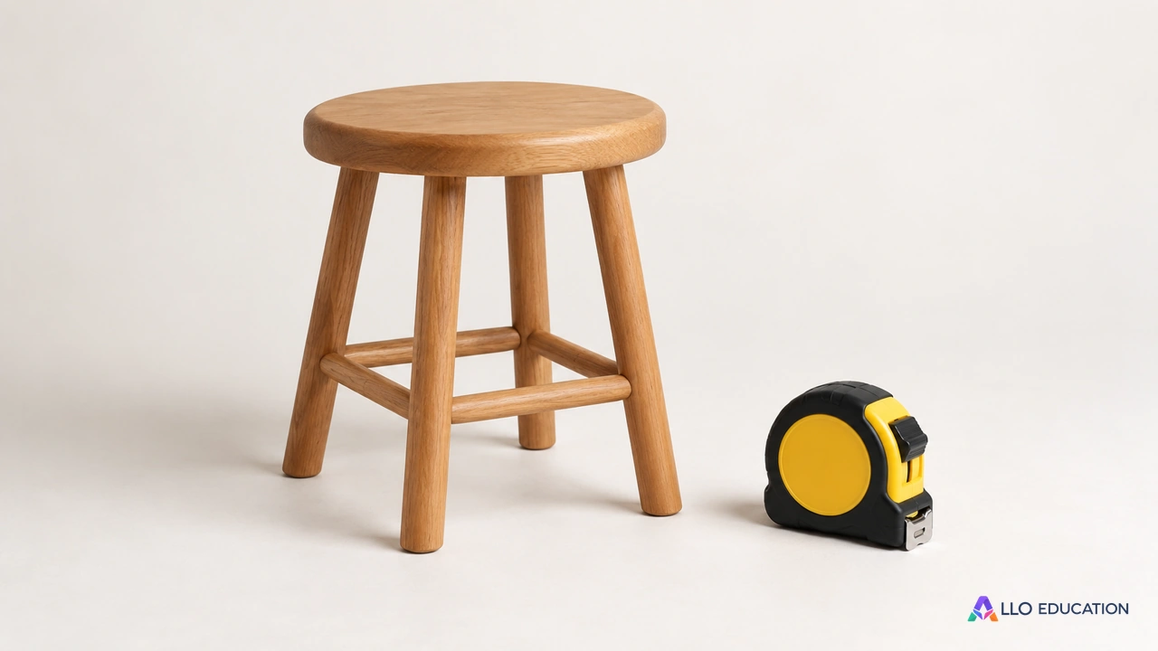 Un tabouret en bois et un outil de mesure fermé sans graduations, isolés sur fond clair.
