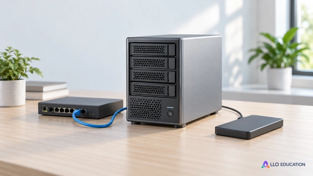Un petit serveur, un câble réseau et un disque externe sans marque sur une table.