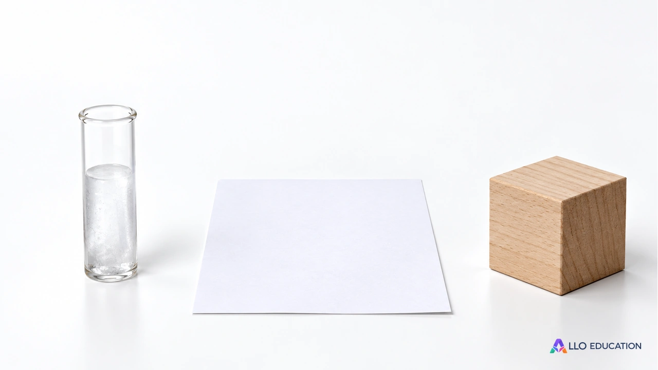 À gauche un petit tube transparent sans graduation contenant un cylindre de glace ; au centre une feuille blanche vierge ; à droite un cube de bois uni
