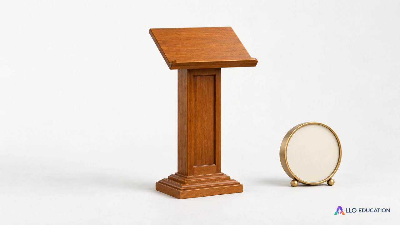 Un pupitre en bois et une petite horloge à cadran strictement uni sans chiffres ni aiguilles, isolés sur fond clair.