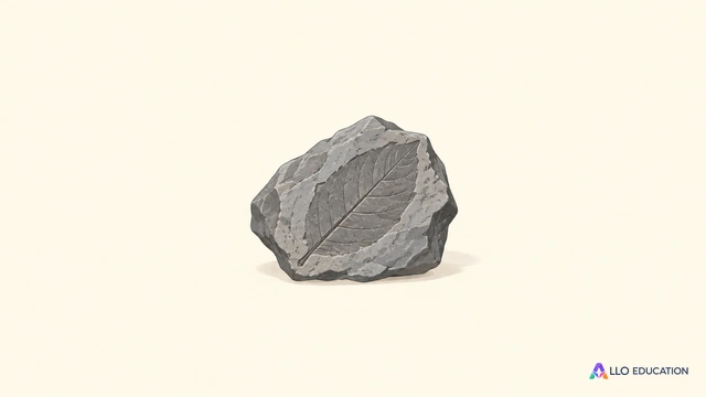 Un fragment de pierre grise entier avec une empreinte de feuille, sur fond clair sans inscription.