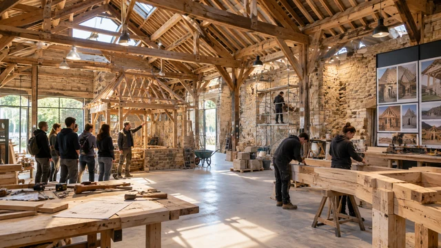 Illustration éditoriale montrant une halle artisanale et une charpente géométrique, sans donnée mathématique incrustée.