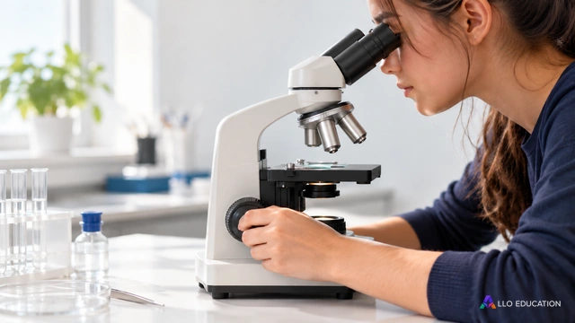 Couverture éditoriale muette : une main de lycéenne fictive ajuste doucement la mise au point d’un microscope optique de laboratoire scolaire, objectif et lame sobres visibles.