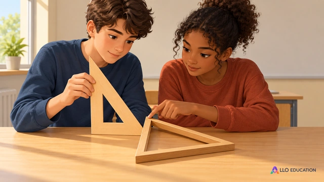 Couverture muette, illustration éditoriale claire adaptée au collège, format horizontal16:9. Scène fictive dans une salle de mathématiques lumineuse, cadrage rapproché sur.