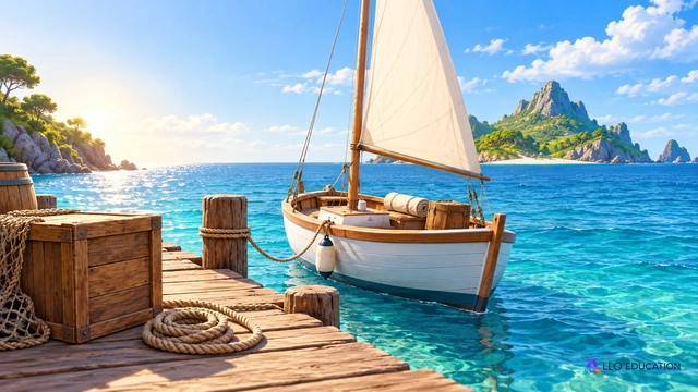 Petit bateau de voyage près d’un quai, voile claire et île au loin, une corde et une caisse au premier plan ; couverture d’aventure lumineuse sans texte ni badge.