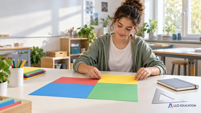 Dans un atelier scolaire lumineux, une adolescente fictive compose une forme avec de grandes pièces rectangulaires de papier coloré sur une table claire. Les papiers sont muets ; u