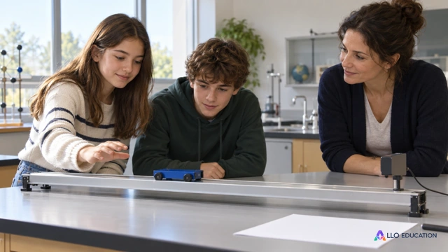 Deux lycéens fictifs et une enseignante examinent un chariot de laboratoire sur une table ; couverture muette de calculs de déplacement, toutes les valeurs venant des schémas exact