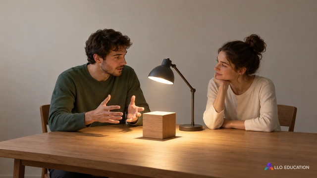 Deux personnes discutent autour d’une lampe de bureau et d’un boîtier opaque de bois sur une table, sans inscription.