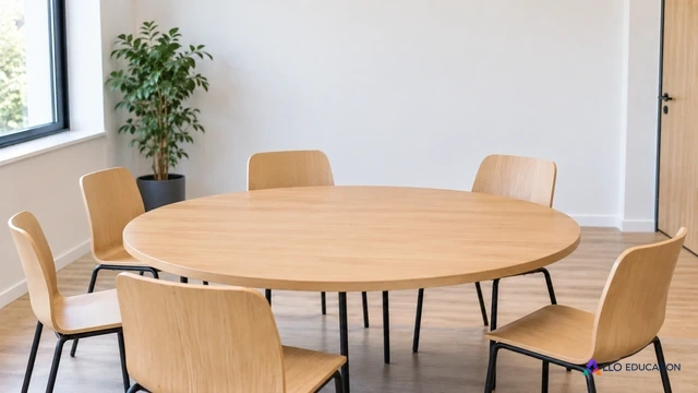 Une table ronde avec des chaises dans une salle de réunion sobre et lumineuse, sans inscription.