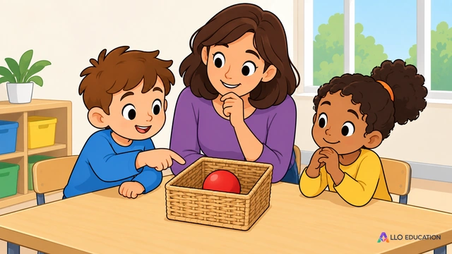 Deux enfants et une enseignante observent un ballon dans un panier, dans une classe imaginaire.